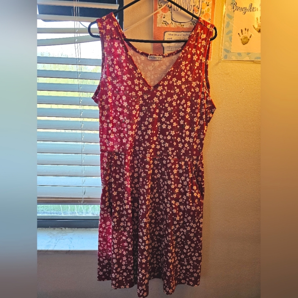 Dark red flower sleeveless dress women's xl